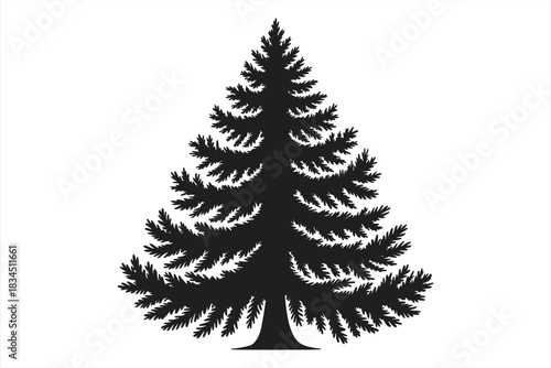 Silhouette of a detailed pine tree with dense foliage and a sturdy trunk Keywords: pine tree, evergreen, conifer, silhouette