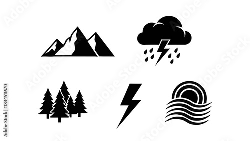 Weather and nature icons set mountains storm trees lightning waves