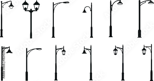 Collection of silhouette streetlights and lamp posts on white background