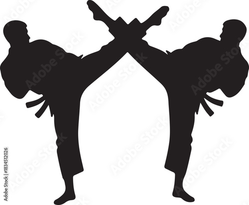 Martial arts practitioner silhouette performing a powerful high kick, demonstrating strength, discipline, and athletic prowess. vector illustration.