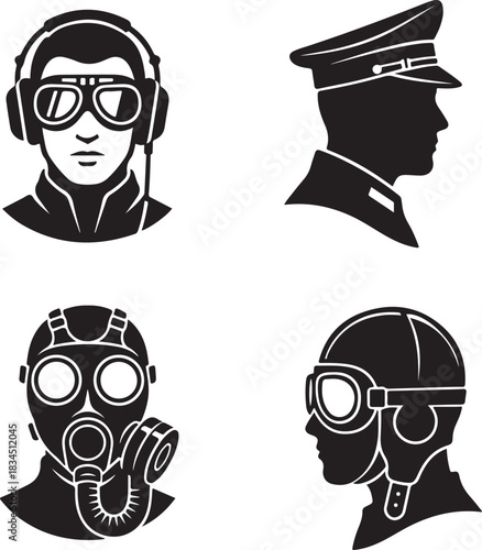 Collection of professional and protective gear silhouettes: pilot, military officer, gas mask wearer, and aviator icons.