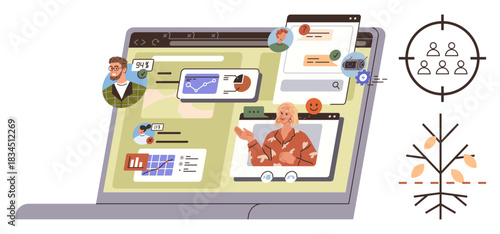Laptop displaying video calls, charts, and messages with avatars. Ideal for remote work, teamwork, communication, technology, data sharing networking productivity. A simple flat metaphor
