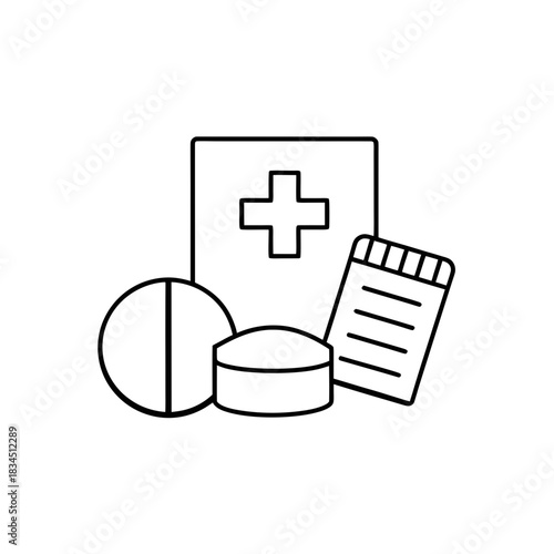 Medical pills and prescription outline on transparent background silhouette