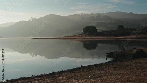 Morning Sunrise with Lone Tree Reflection and Fog on Nicasio Reservoir