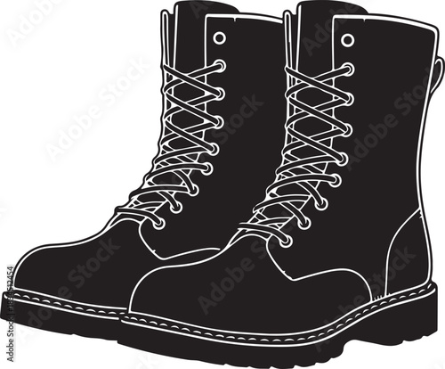 Black silhouette illustration of a pair of rugged work boots with laces and thick soles, perfect for protection and heavy-duty tasks