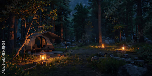 Nighttime forest camping scene with lit tent and glowing lanterns creating serene cozy atmosphere