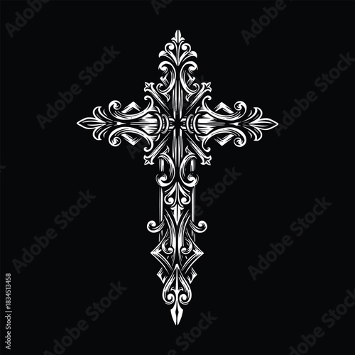 A highly detailed and ornate silver cross with intricate gothic scrollwork on a black background, showcasing elaborate decorative patterns and a classic, elegant design.