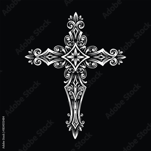 Ornate white decorative cross with intricate scrollwork and symmetrical patterns on a black background, elegant and detailed design.