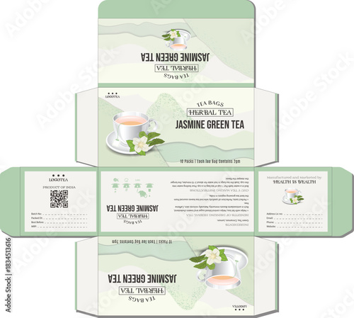 Elegant jasmine green tea packaging design featuring floral elements and subtle green hues