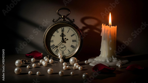 stopped clock, melted candle, dark romantic ambiance, dramatic