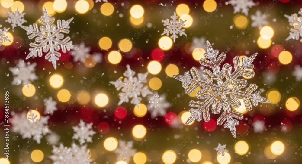 Fototapeta premium Sparkling snowflakes and festive bokeh lights background