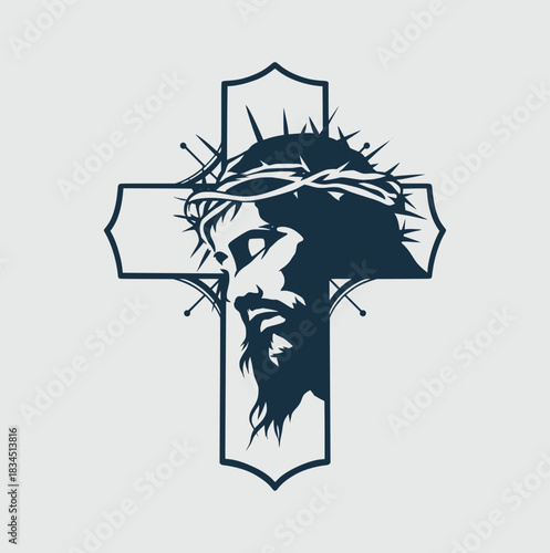 Stylized graphic illustration of Jesus Christ's face wearing a crown of thorns, set against a decorative cross, symbolizing faith and sacrifice.