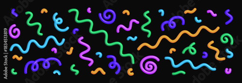Abstract line shape pattern. 3d wave colorful elements an black background. Fun doodle kid swirl, spiral, curve. Vector illustration for birthday, carnival, childish holiday design