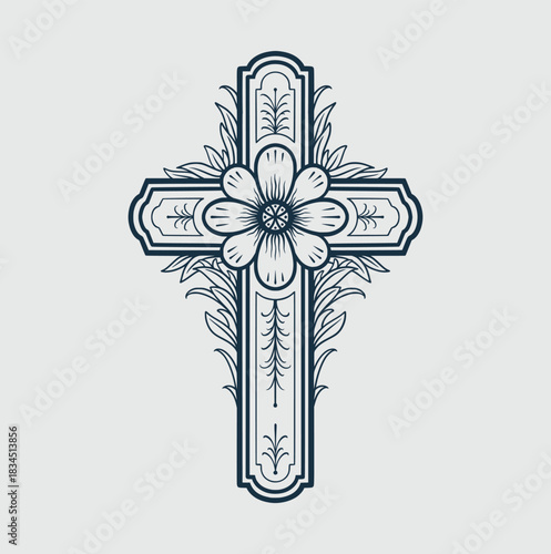 An intricately designed ornamental cross featuring a central flower and elegant leaf patterns, rendered in a vintage engraving style.