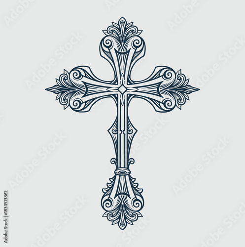 Ornate decorative cross with intricate scrollwork and vintage design, symbolizing faith and spirituality.