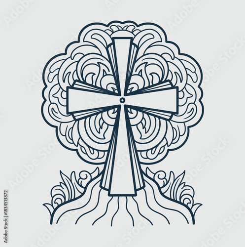 A stylized line art illustration of a cross with intricate swirling patterns resembling a tree or cloud behind it and wavy roots below, in a monochromatic design.