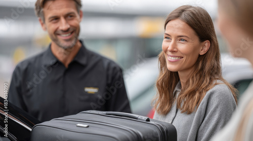 Journey to destination scene with driver in black uniform assisting travelers with luggage