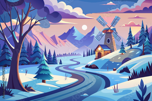 A scenic winter wonderland with a winding road leading to an ancient windmill, frozen landscape, snow-covered trees, peaceful countryside and a magical sunrise scene in the cold weather.