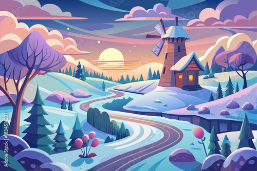 A scenic winter wonderland with a winding road leading to an ancient windmill, frozen landscape, snow-covered trees, peaceful countryside and a magical sunrise scene in the cold weather.