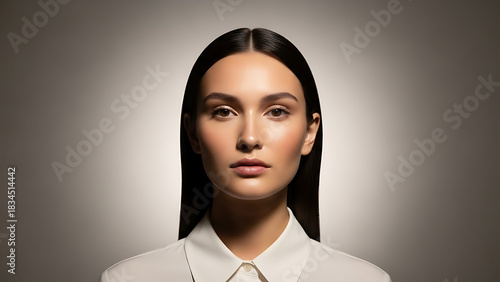Soft backlit portrait with neutral expression, subtle glow, modern clean aesthetic