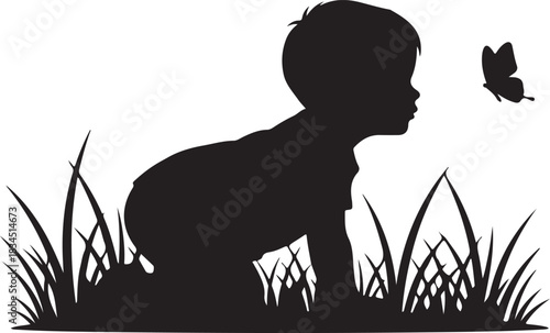 Little child toddler silhouette crawling on grass, looking curious at a flying butterfly in nature or garden, evoking childhood wonder
