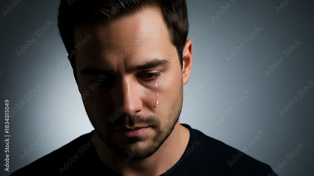 Fototapeta premium Man looking down with a gentle expression of sadness, dramatic yet commercial lighting.