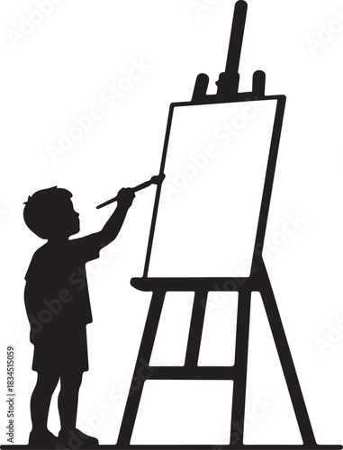 Child's silhouette painting on a blank canvas easel with a paintbrush, symbolizing imagination, creativity, and artistic expression