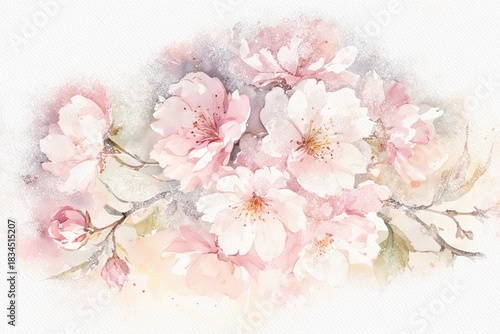 Sakura flowers on white aquarelle background