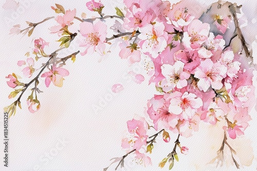Sakura flowers on white aquarelle background