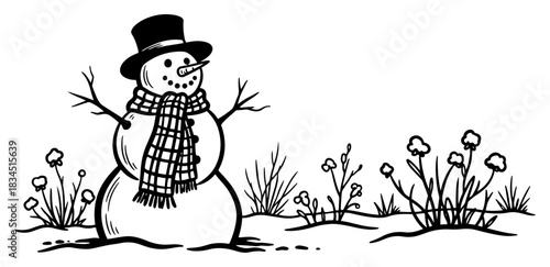 Snowman wearing top hat and plaid scarf standing in snowy meadow with winter plants