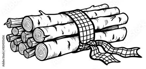 Bundle of birch firewood logs tied with plaid check ribbon bow for cozy winter fireplace