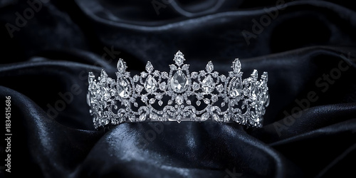 Sparkling diamond tiara with intricate design on luxurious black silk conveying elegance and opulence