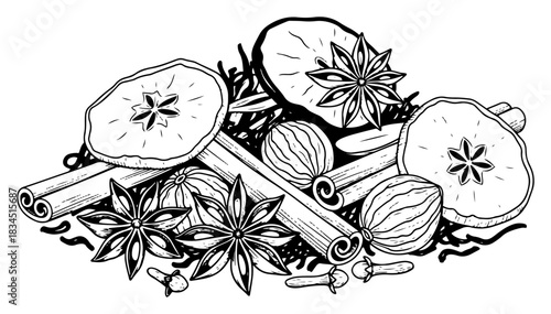 Pile of Christmas spices including cinnamon sticks star anise cloves and dried apple slices for mulled wine