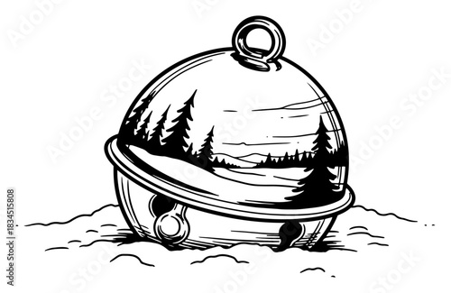 Christmas sleigh bell lying in snow with winter pine forest reflection on shiny metal surface