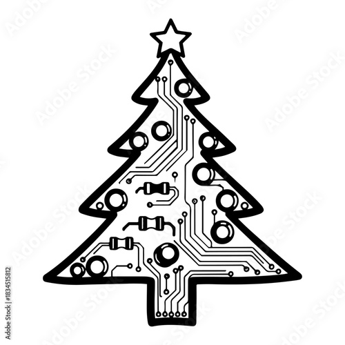 Digital technology Christmas tree icon made of electronic circuit board lines and chips