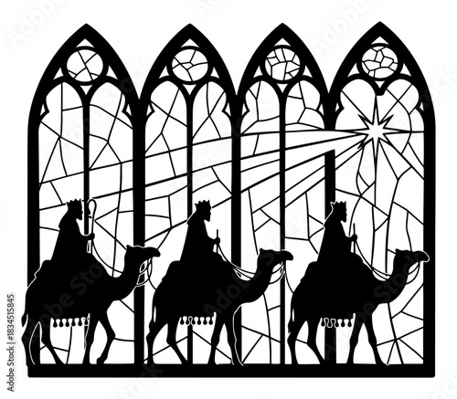 Three wise men riding camels following star of bethlehem in stained glass window style vector black and white nativity scene silhouette