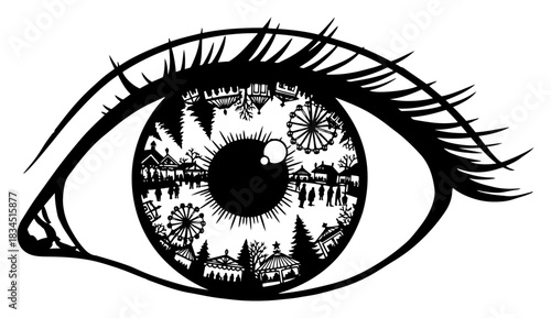 Human eye with reflection of winter christmas market and ferris wheel in iris vector illustration