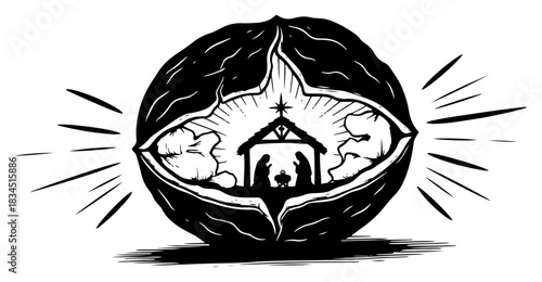 Christmas nativity scene with holy family inside cracked walnut shell vector illustration in engraving style