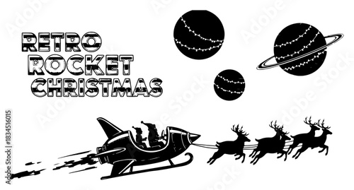 Retro rocket christmas typography with santa claus flying in spaceship sleigh with reindeer and decorated planets