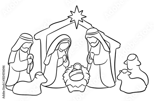 Christmas Nativity scene with Holy Family Mary Joseph and Baby Jesus in manger with sheep and star line art