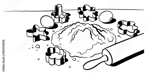 Baking ingredients preparation scene with pile of flour eggs rolling pin and cookie cutters line art illustration