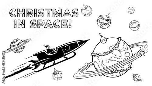 Christmas in space concept with Santa Claus flying in rocket sleigh past decorated planets vector funny sci-fi holiday outline illustration