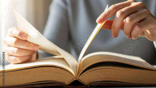 Close-up of hands turning the pages of a book, soft natural light.