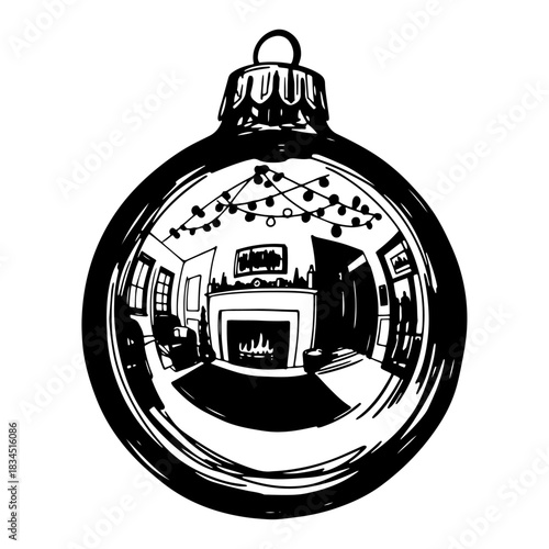 Detailed Christmas bauble featuring reflection of cozy living room with fireplace and holiday lights vector black and white illustration