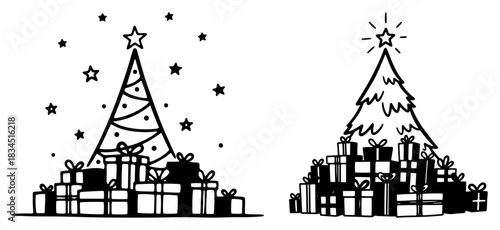 Stylized Christmas trees with stars and large piles of wrapped gift boxes vector black line art holiday illustrations for festive design
