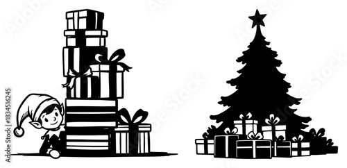 Cute Christmas elf peeking behind stack of gift boxes and silhouette of pine tree with presents vector holiday set for greeting cards