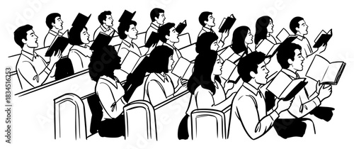 Large group of people singing hymns in church choir holding songbooks vector black and white sketch of congregation worshiping together