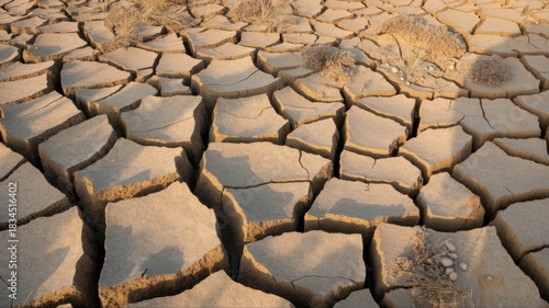 Cracked dry land, the concept of climate change, arid environment. A background with a place for the text.