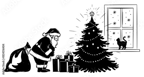 Santa Claus placing gifts under Christmas tree with cat watching from window black and white vector silhouette illustration