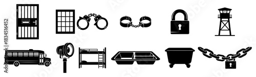 Prison and jail silhouette icon set featuring handcuffs bars watchtower and other criminal justice symbols vector collection